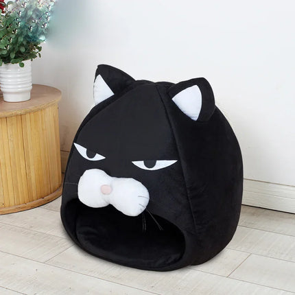 Black Cat-Shaped Pet Bed – Warm Cozy House for Cats & Small Dogs