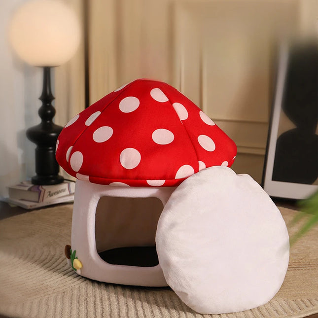Mushroom Cat Bed – Half-Enclosed Cozy House for Cats & Small Dogs