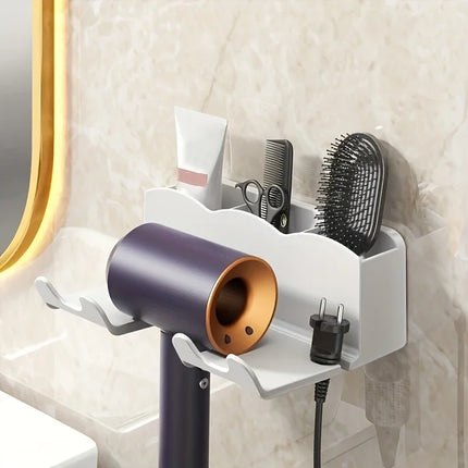 No-Drill Hair Dryer Holder – Wall-Mounted Bathroom Storage Rack