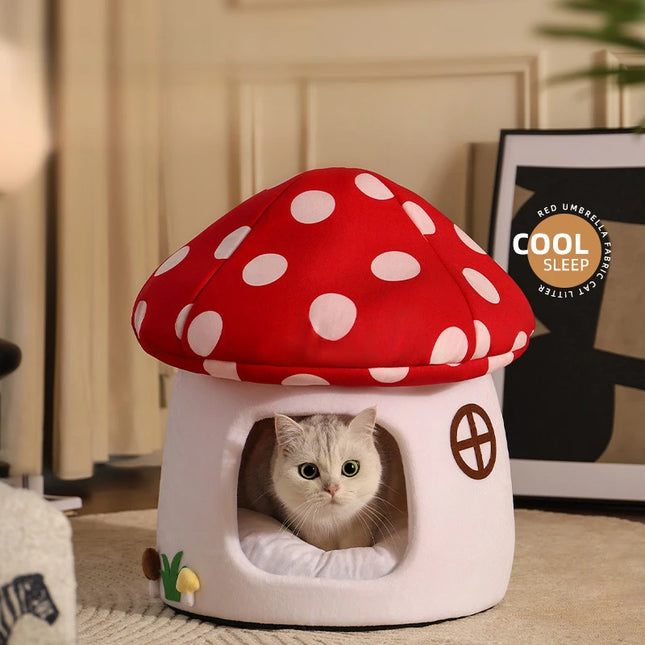 Mushroom Cat Bed – Half-Enclosed Cozy House for Cats & Small Dogs
