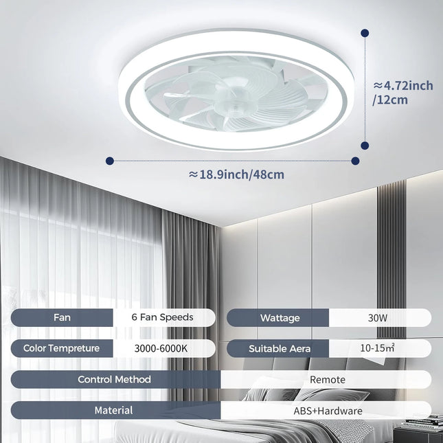 Energy-Saving LED Fan Light with Remote – 48cm Silent Ceiling Fan, 6-Speed Control & Adjustable Dimming for Bedroom/Living Room