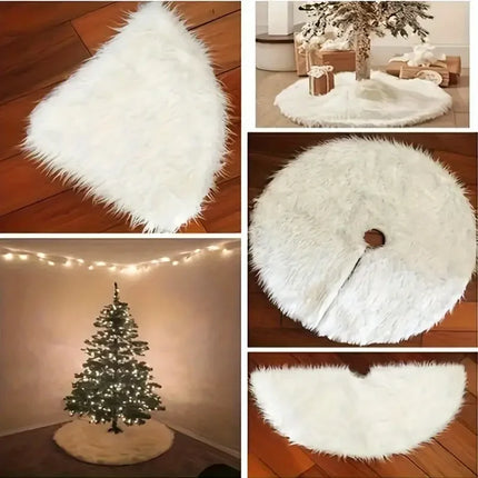 Fluffy White Christmas Tree Skirt – Faux Rabbit Plush Winter Holiday Decor